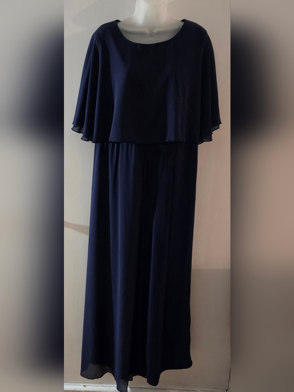 Womens Jumpsuit Navy Blue Sleeveless With Sheer Overlay Sz Large Euc